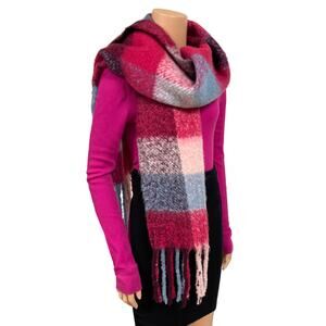 R Fashion Apparel Winter Long Fringe Scarf Vibrant Rich Plaid Fuchsia Blue Soft